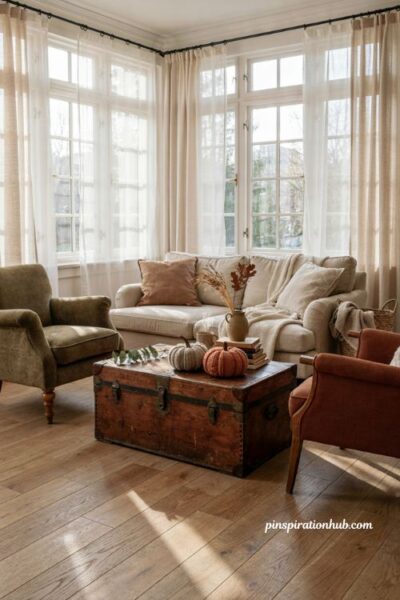 vintage trunk coffee table styled with knit pumpkins books and cozy fall decor