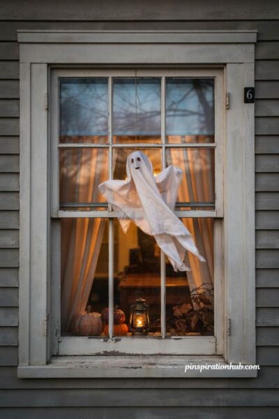 window crasher ghost Halloween decor with flying white ghost, glowing window and dramatic haunted house effect