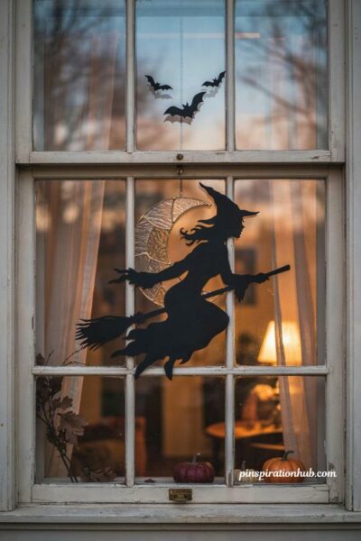witch silhouette Halloween window with flying broomstick witch, crescent moon suncatcher and glowing glass