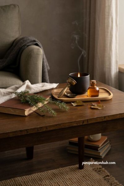 woody smoky fall candle with cedar leather and cozy autumn bedroom decor