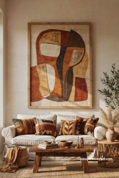 Afro boho living room with African inspired artwork and earthy decor