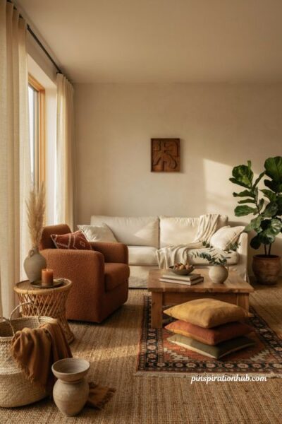 Afro boho living room with deep comfortable seating floor cushions and earthy decor