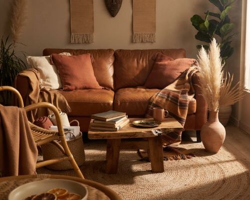 Afro boho living room with earthy colors handcrafted decor and woven textures