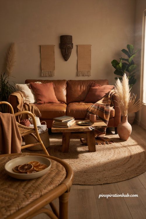 Afro boho living room with earthy colors handcrafted decor and woven textures
