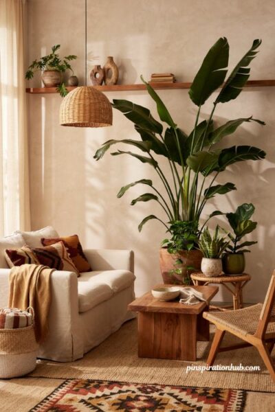Afro boho living room with large monstera plant earthy decor and woven textures