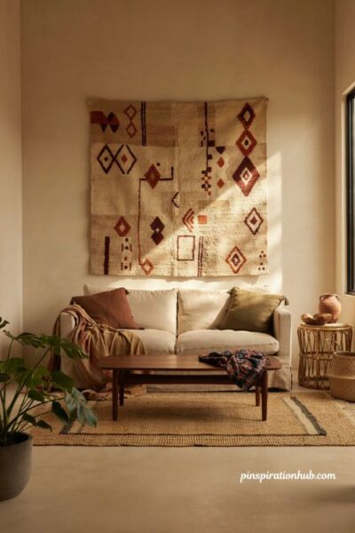 Afro boho living room with meaningful woven textile cultural wall decor