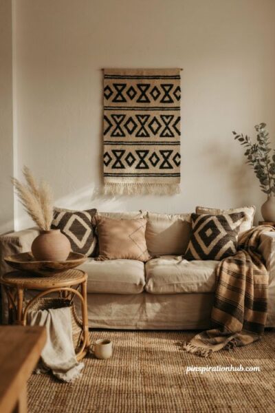 Afro boho living room with mudcloth inspired pillows and woven wall decor