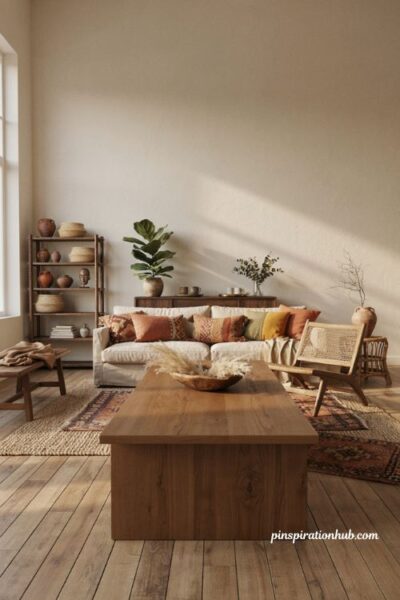 Afro boho living room with natural wood furniture earthy tones and woven decor