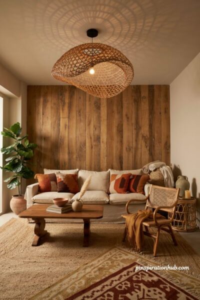 Afro boho living room with oversized woven pendant light and rattan decor