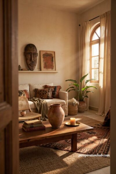 Afro boho living room with personal art handmade pottery and carved decor
