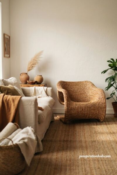 Afro boho living room with rust chair terracotta decor and earthy colors