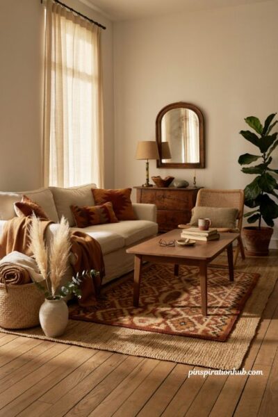 Afro boho living room with vintage finds new furniture and collected decor
