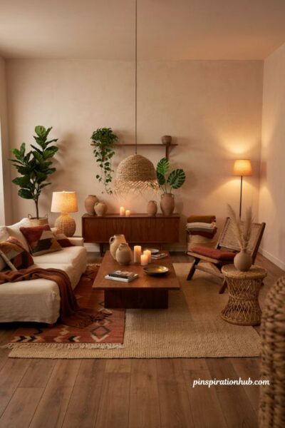 Afro boho living room with warm ambient lighting rattan lamps and earthy decor