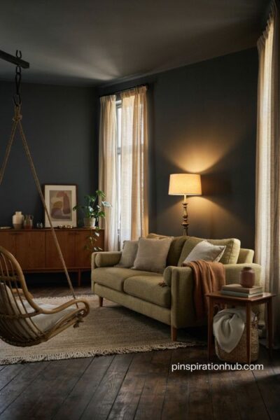 Aged brass lighting moody living room with rattan hanging chair coir carpet and vintage decor