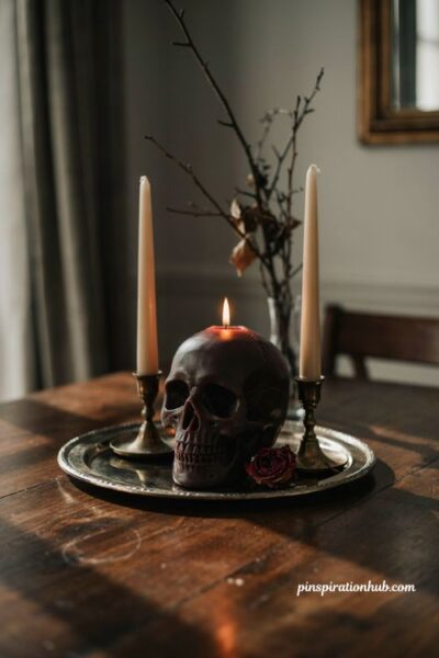 Anatomical skull candle with mirrored tray for gothic Halloween decor
