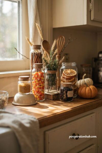 Apothecary style jars on a Halloween kitchen shelf