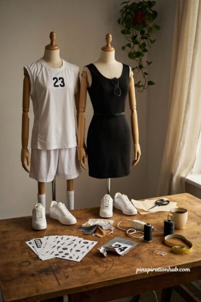 Athletic power couple costume with white jersey and black dress