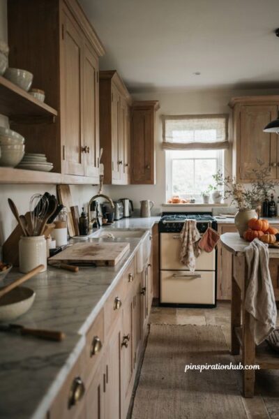 Autumn kitchen decor with a clear cooking and prep area