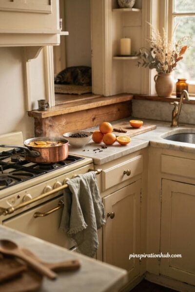 Autumn kitchen decor with cinnamon orange simmer pot and fall scents