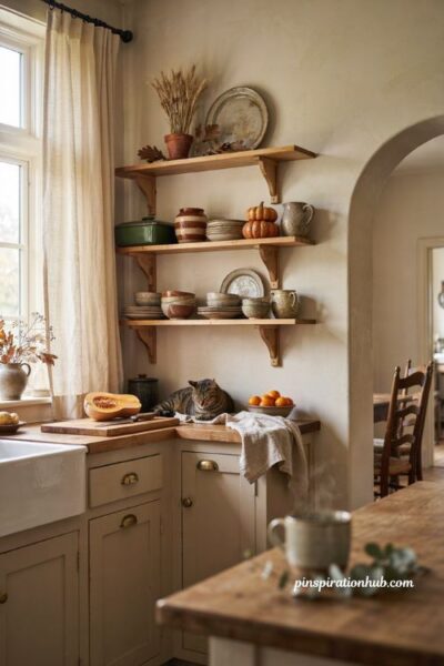 Autumn kitchen decor with fall colored serveware and open shelving