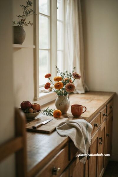 Autumn kitchen decor with fresh fall flowers and vintage vase