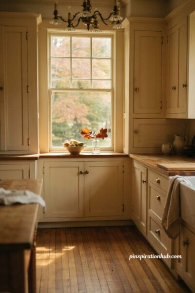 Autumn kitchen decor with natural light and fall leaves