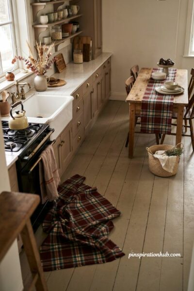 Autumn kitchen decor with plaid rugs and fall table runners