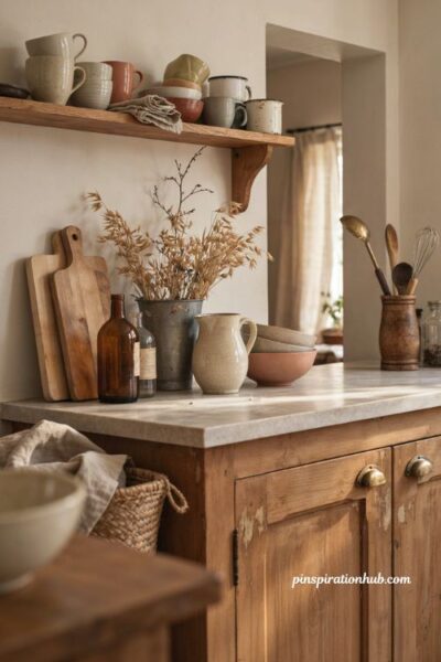 Autumn kitchen decor with wooden cutting boards and vintage accents