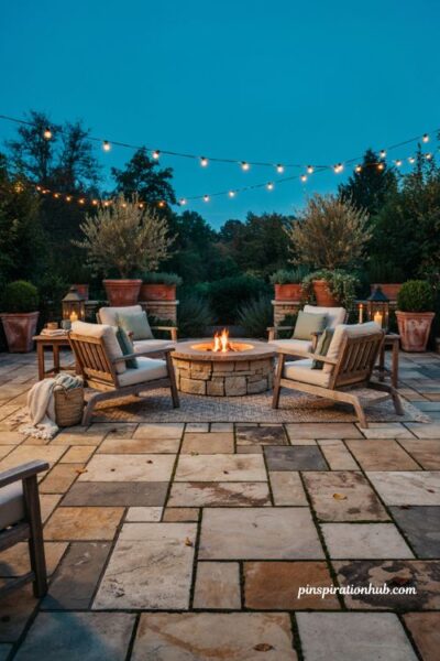 Back patio ideas with a cozy stone fire pit seating area