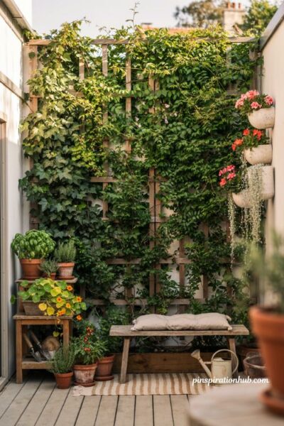 Back patio ideas with a lush vertical garden and trellis