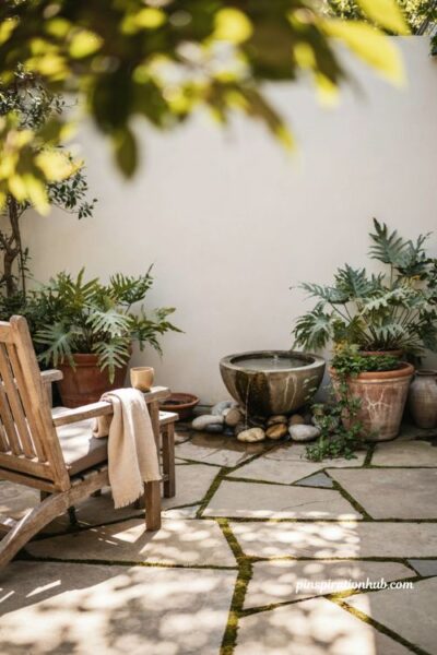 Back patio ideas with a relaxing garden water feature