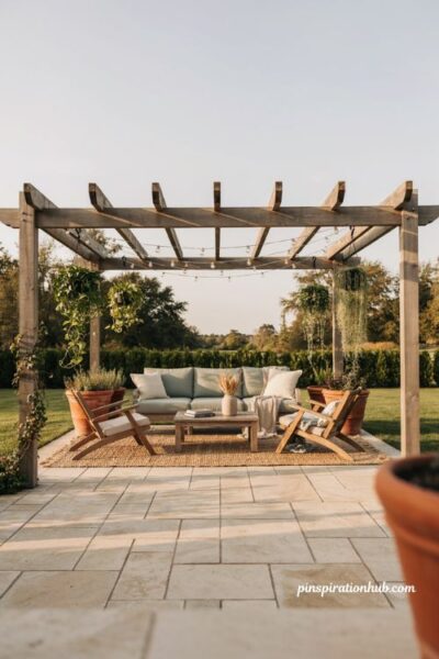 Back patio ideas with a wooden pergola and cozy seating