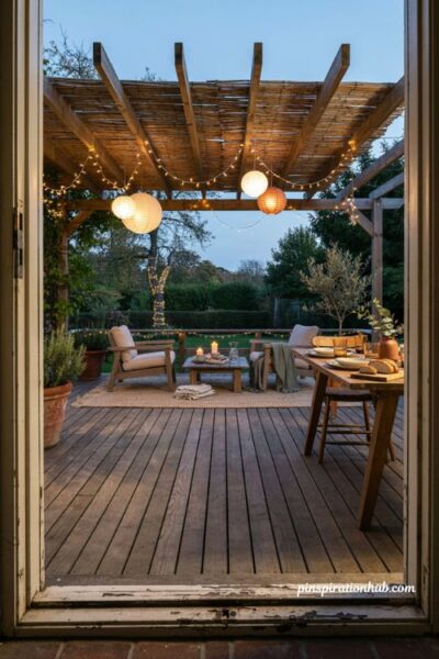 Back patio ideas with cozy string lights and lanterns