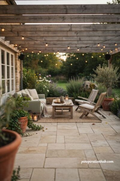 Back patio ideas with outdoor speakers and cozy entertaining space