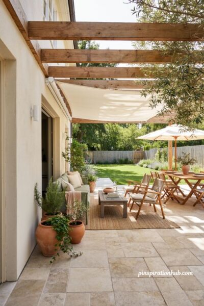 Back patio ideas with shade canopy and outdoor seating