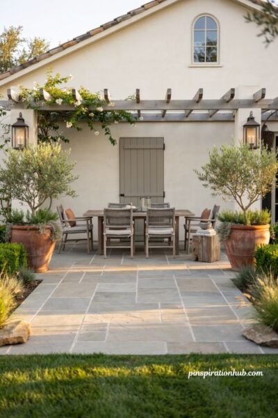 Back patio ideas with solid paver flooring and stone design