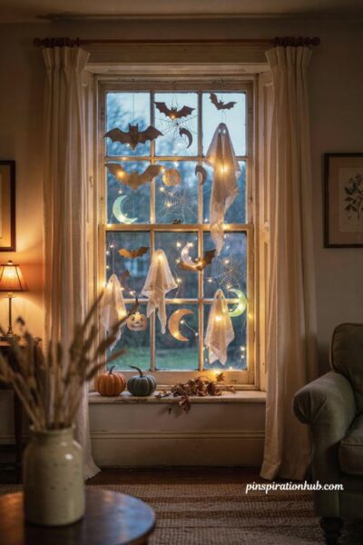 Backlit glow in the dark Halloween window display with glowing decorations