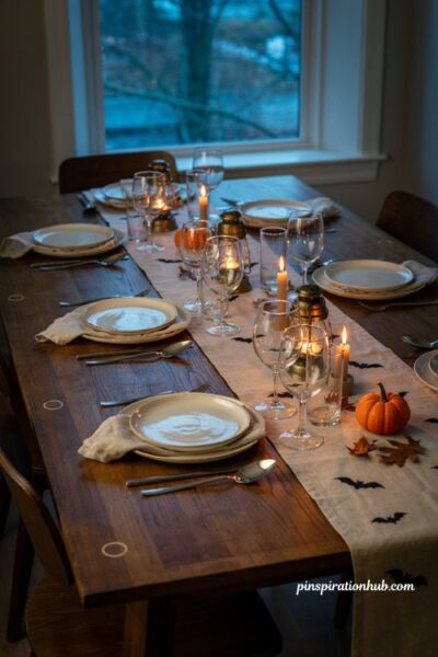 Bat print Halloween table runner with lanterns and candles