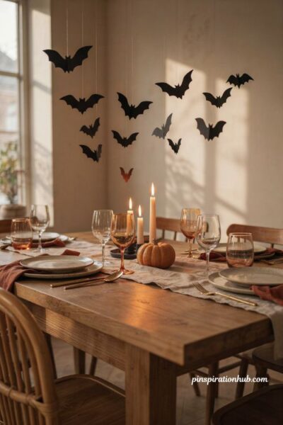Bat silhouette Halloween centerpiece with flying black bats and candles