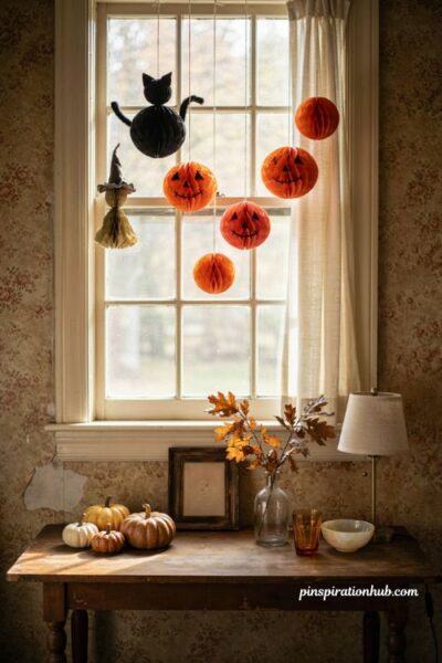 Beistle style honeycomb Halloween decorations with vintage paper cats and pumpkins