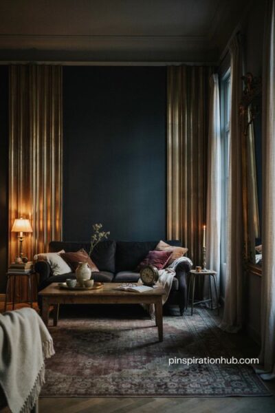Black and gold moody living room with brass paneling velvet furniture and warm evening lighting