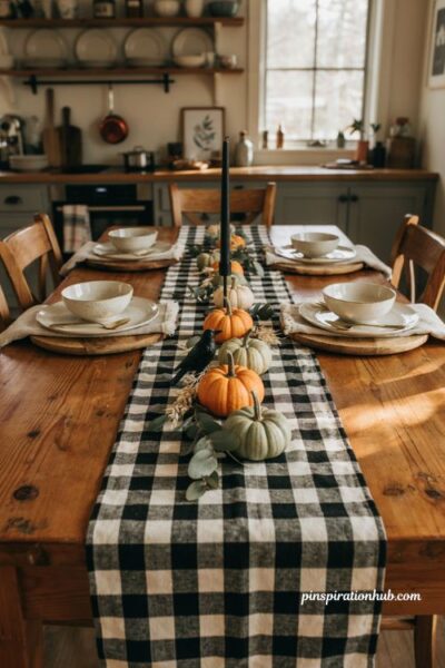 Black and white buffalo check Halloween table runner with pumpkins