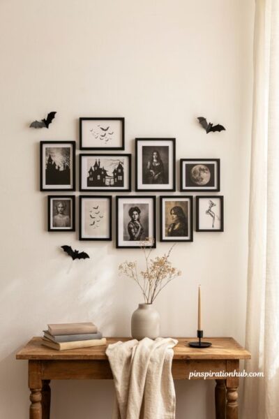 Black and white minimalist Halloween gallery wall with bats and moody prints