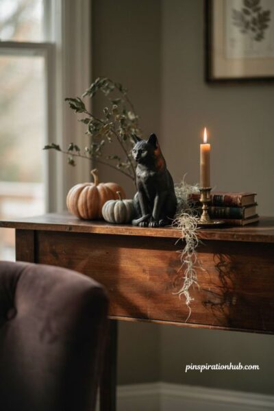 Black cat witchy Halloween decor with Spanish moss and vintage mantel styling