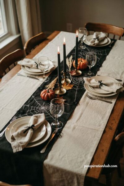 Black spiderweb Halloween table runner with small spiders