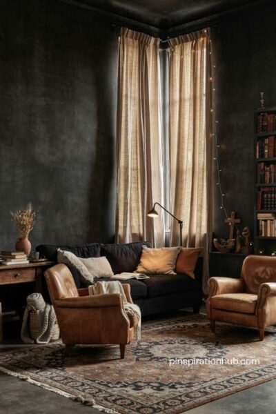 Black wall living room with tan leather chairs oatmeal curtains warm lighting and earthy decor