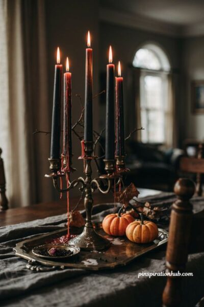 Bleeding red wax candles in a dark candelabra for gothic Halloween decor