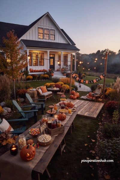 Bloxburg Halloween house backyard party area with treats and pumpkins