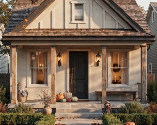 Bloxburg Halloween house with cozy pumpkins and warm lighting