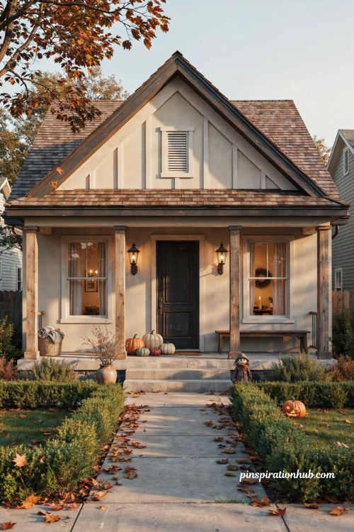 Bloxburg Halloween house with cozy pumpkins and warm lighting